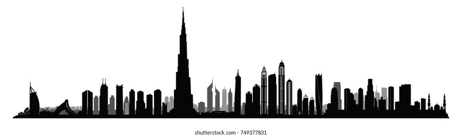 City Dubai skyline. UAE Urban cityscape. United Arab Emirates skyscraper buildings silhouette