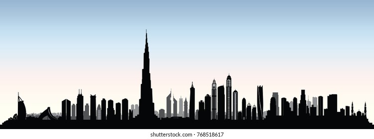 City Dubai skyline. UAE Urban cityscape. United Arab Emirates skyscraper buildings silhouette