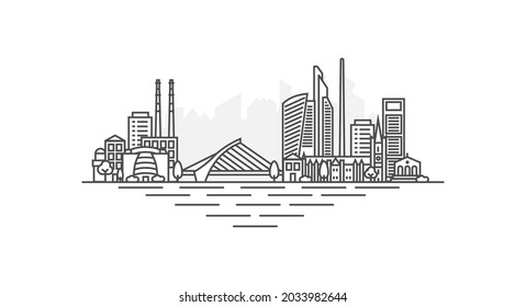 City of Dublin, Ireland architecture line skyline illustration. Linear vector cityscape with famous landmarks, city sights, design icons, with editable strokes isolated on white background.