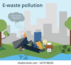 City dump. Broken household appliances are stored on a pile and pollute air, soil, water. Concept with city skyscrapers skyline in the background. Flat design style colorful illustration.