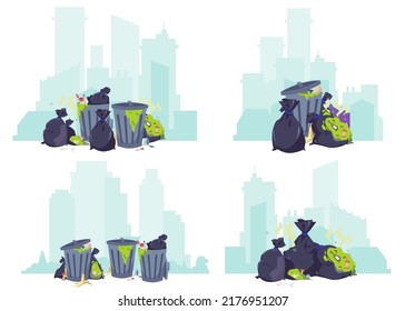 City dump full of rotting decaying garbage. Overflowing garbage containers with stinky wastes, flat cartoon vector illustration isolated on white background.