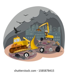 City dump, landfill. Environmental pollution. Problem of waste disposal. Compactor for garbage at work. Special equipment. Concept of site, applications. Flat cartoon vector illustration