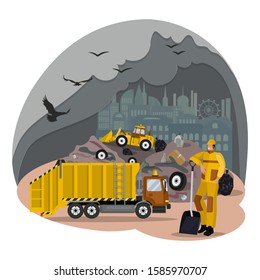 Vertedero de la ciudad, vertedero. Solucionando problemas ambientales de las ciudades contaminadas. Problema de eliminación de residuos. coche de basura y cargador en el trabajo. Janitor, empleado de servicios públicos con pala. Estilo vectorial de caricatura plana