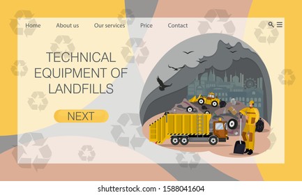 Mülldeponie in der Stadt, Deponie. Lösung von Umweltproblemen durch Umweltverschmutzung in Städten. Abfallbeseitigung.Besondere Ausrüstung. Müllwagen und Frontlader. Konzept der Website, Landing Page Design Template.