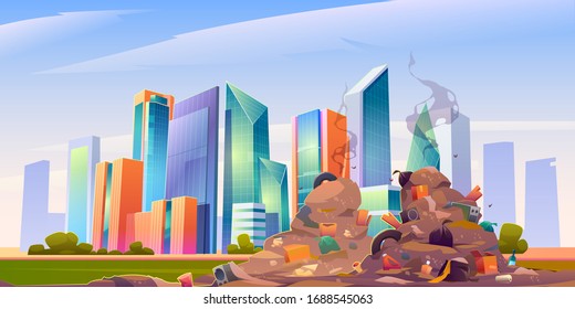 Stadtrand mit Müllhaufen und Plastikmüll. Garten mit Stadtgebäuden und Wolkenkratzern auf dem Hintergrund. Vektorillustration-Cartoon-Stadtlandschaft mit Mülldeponie mit schmutzigen, stinkenden Haufen