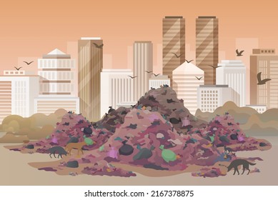 City dump, wasteland vector illustration. Cartoon polluted urban skyline and landfill with mixed pile of old debris, plastic and paper garbage background. Environment contamination, ecology concept