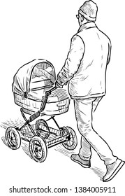 A city dweller walks with his baby in a stroller