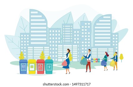 City Dwellers Carry Garbage to Special Separated Containers and Bags with Recycle Sign. Environmental Pollution Problem, Ecology Protection, Recycling, Reduce Plastic. Cartoon Flat Vector Illustration