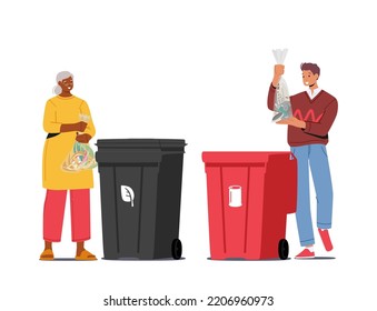 City Dwellers Sorting Trash. People Throw Garbage into Containers for Organic and Metal Waste, Litter Bins for Recycling, Ecology Protection Ecological Concept. Cartoon Vector Illustration