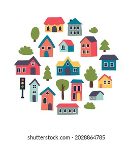 City easy simple drawing map. Set of houses in scandinavian style. 