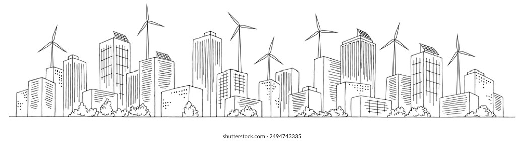 Ciudad eco gráfico blanco negro paisaje urbano skyline sketch ilustración larga Vector 