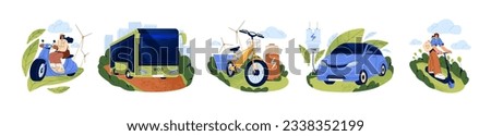 City eco transport set. Electro car and green technology. Sustainable clean energy in modern ecology. Ecofriendly bus, auto, hybrid bike. People use electric scooter. Flat isolated vector illustration