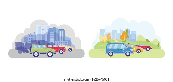 City Ecology Concern by Acquiring Safe Transport. Environmentally Hazardous Cars Drive on City Roads, Pipes Spew Exhaust Gas. On other Side are Electric Cars in Park, they do not Harm Air State.
