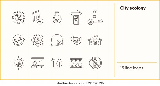 City ecology line icons. Set of line icons. Cup, speechbubble, recycling. Eco technology concept. Vector illustration can be used for topics like ecology, technology, environment