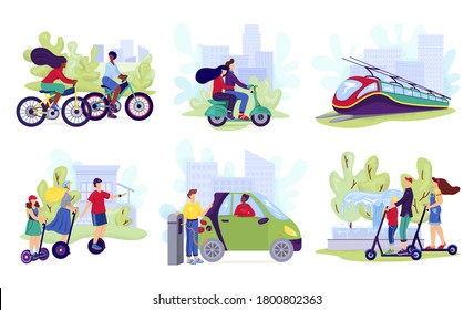 City electric transport set, vector illustration. People riding modern electric scooter, car, bicycle, skateboard or segway. Eco friendly alternative technology, transportation vehicles collection.