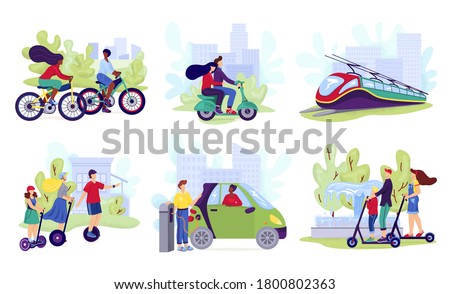 City electric transport set, vector illustration. People riding modern electric scooter, car, bicycle, skateboard or segway. Eco friendly alternative technology, transportation vehicles collection.