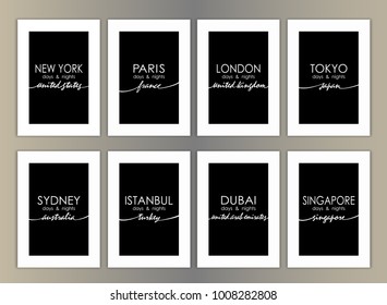 City elegant black and white lettering poster set. Classic minimalist tourist souvenir, decoration for interior. Fashion trend template for postcards.