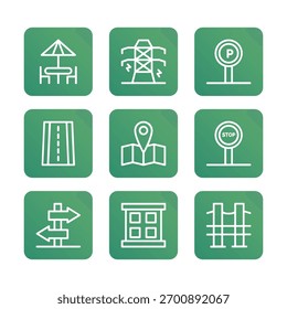 Coleção de conjuntos de ícones do elemento Cidade. Ilustração de ícone de vetor. Traçado editável