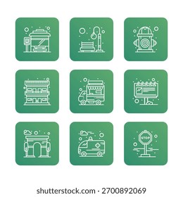 Colección de conjunto de iconos de elemento de ciudad. Ilustración de icono de Vector. Trazo editable
