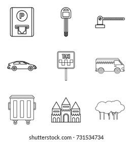 City element icons set. Outline set of 9 city element vector icons for web isolated on white background