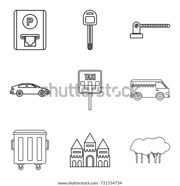 City element icons set.\
Outline set of 9 city element vector icons for web isolated on\
white background