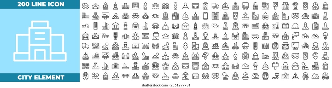 City Element Line Editable Icons set. Vector illustration in modern thin line style of city element icons: apartments, office, bank, hospital, buildings, skyscraper, mall and park, etc