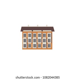 City element - three-storey apartment or public building with windows front view in flat style isolated on white background. House exterior for real estate and property concept. Vector illustration.