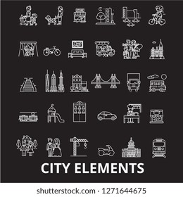 City elements editable line icons vector set on black background. City elements white outline illustrations, signs, symbols