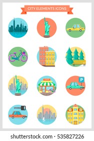 City elements. Flat Design Icons of city elements. The set can be used for several purposes like: websites, print templates, presentation templates, infographics. Vector illustration