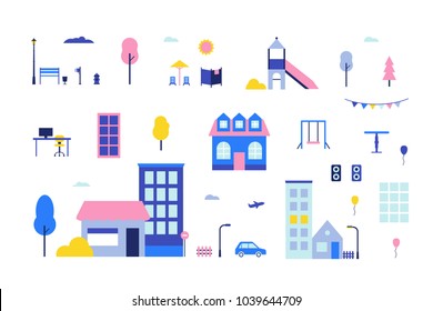 City elements - flat design style set of isolated objects on white background for creating your own images. A colorful collection of buildings, playground items, bench, office workplace, lanterns, car