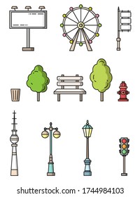 city elements flat style colorful vector icons