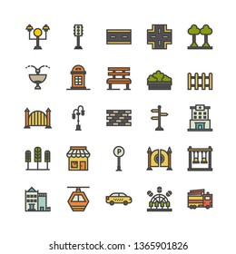 City Elements icon set with filled line style vector illustration