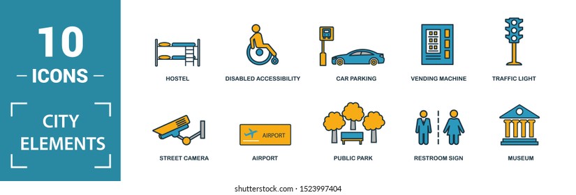 City Elements icon set. Include creative elements restroom sign, public park, bicycle parking, hostel, playground icons. Can be used for report, presentation, diagram, web design.