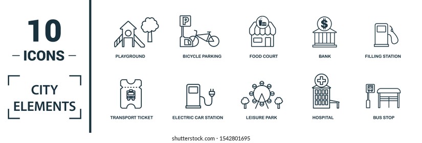 City Elements icon set. Include creative elements restroom sign, public park, bicycle parking, hostel, playground icons. Can be used for report, presentation, diagram, web design.