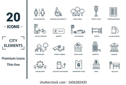City Elements icon set. Include creative elements restroom sign, public park, bicycle parking, hostel, playground icons. Can be used for report, presentation, diagram, web design.