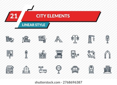 city elements icons set - apartment, motel, supermarket, subway, skyscrapper outline vector collection.