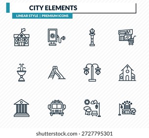 city elements icons set - city hall, lightbox, street lamp, church, motel outline vector collection.