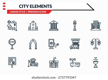 city elements icons set - park, church, stop, city hall, fountain outline vector collection.