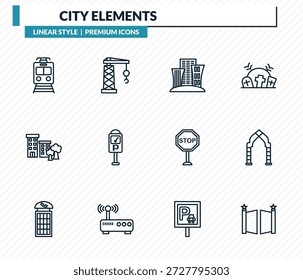 city elements icons set - subway, tower crane, skyscrapper, arch, gate outline vector collection.