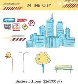 In the city elements illustration with building and road sign design