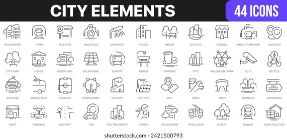 Kollektion von Stadtelementlinien-Symbolen. UI-Icon-Set in einem flachen Design. Ausgezeichnete Symbolsammlung. Paket mit den Symbolen der dünnen Umrisse. Vektorgrafik EPS10