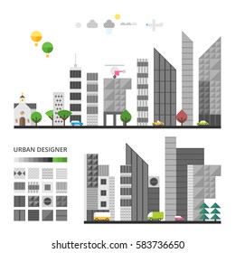 City elements to make your own city. Modern Town. Vector illustration. Flat design. Grey City