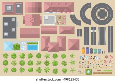 City elements. Objects to the map view from above. Set: houses, buildings, roads, cars, trees, plants, people. (top view)