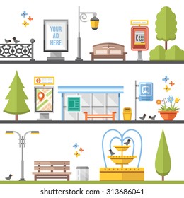 City elements, outdoor elements and city scenes flat illustrations set. Modern flat design concepts for web banners, web sites, printed materials, infographics, games. Creative vector illustration