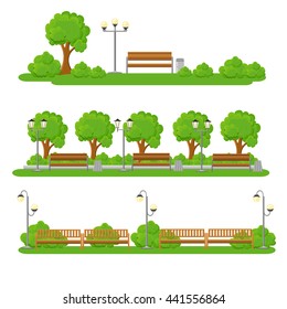 City elements, outdoor and scenes flat set. Urban decor, parks and alleys, streets and sidewalks tree and seating area illustration