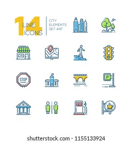 City elements - set of line design style colorful icons on while background. Urban buildings, park, shop, map, traffic light, stop sign, bridge, parking, museum, toilets, cafe, petrol station