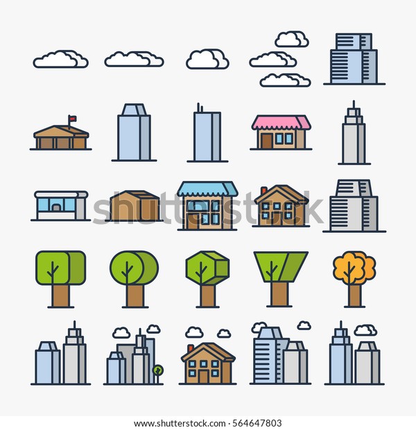 City Elements Street Buildings Houses Trees Stock Vector (Royalty Free ...