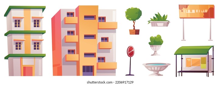 City elements, street constructor isolated set. Urban architecture design objects. Cartoon multistorey houses, street banner, green trees, road sign, flowerpot and bus stop, Vector illustration, icons