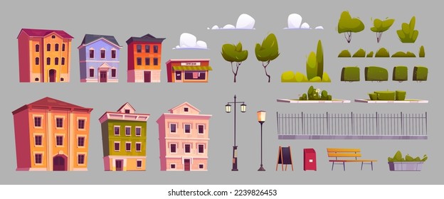 City elements, street constructor isolated set. Urban architecture design objects. Cartoon houses, street lamps, green trees, clouds, litter bin, bench, fence, menu chalkboard, Vector illustration