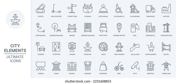 City elements thin line icons set vector illustration. Abstract outline office building and condo skyscrapers, stadium and restaurant, street signs and parking for transport, playground and food court